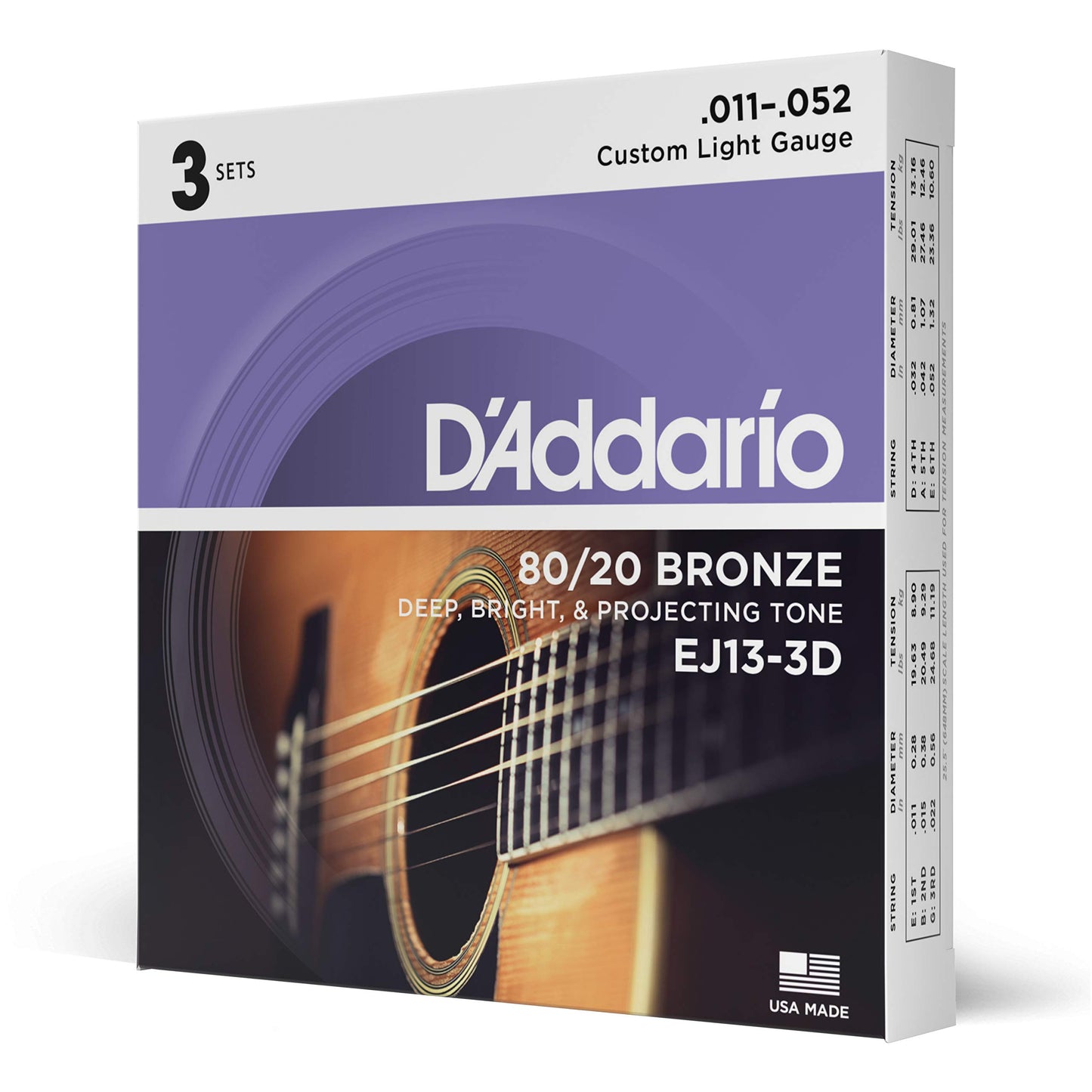 D'Addario Guitar Strings - Acoustic Guitar Strings - 80/20 Bronze - For 6 String Guitar - Deep, Bright, Projecting Tone - EJ11 - Light, 12-53(Pack of 1)